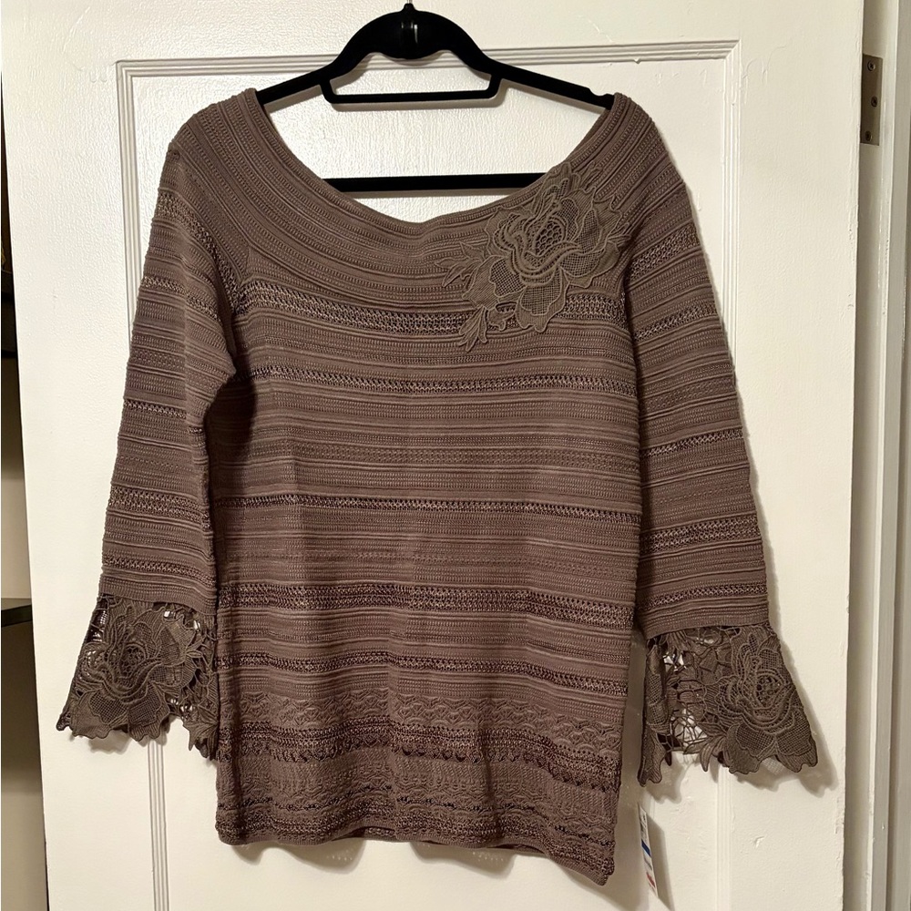 INC International Concepts Brown Lace Sleeve Blouse